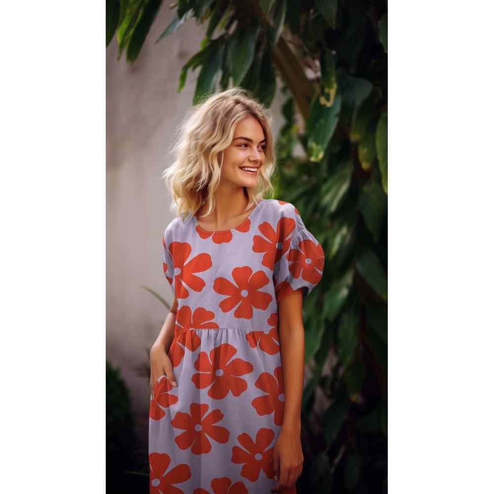 Viskose Leinen, Blumen Rot auf Flieder – Bild 5