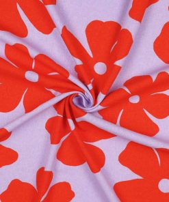 Viskose Leinen, Blumen Rot auf Flieder