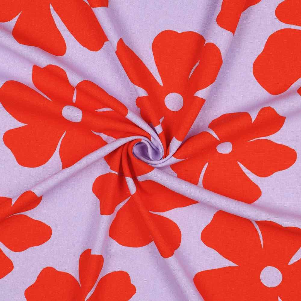Viskose Leinen, Blumen Rot auf Flieder – Bild 3