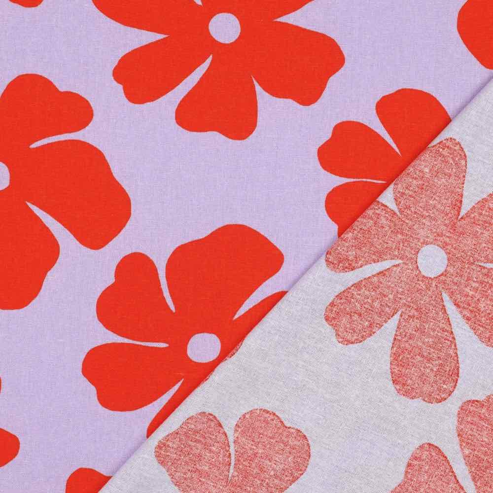Viskose Leinen, Blumen Rot auf Flieder – Bild 4