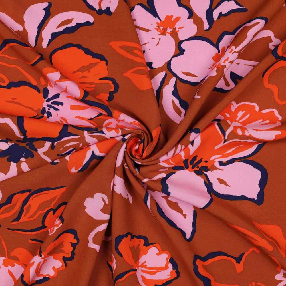 Viskose Stoff – Blumen Rosa / Orange / Zimt – Bild 3