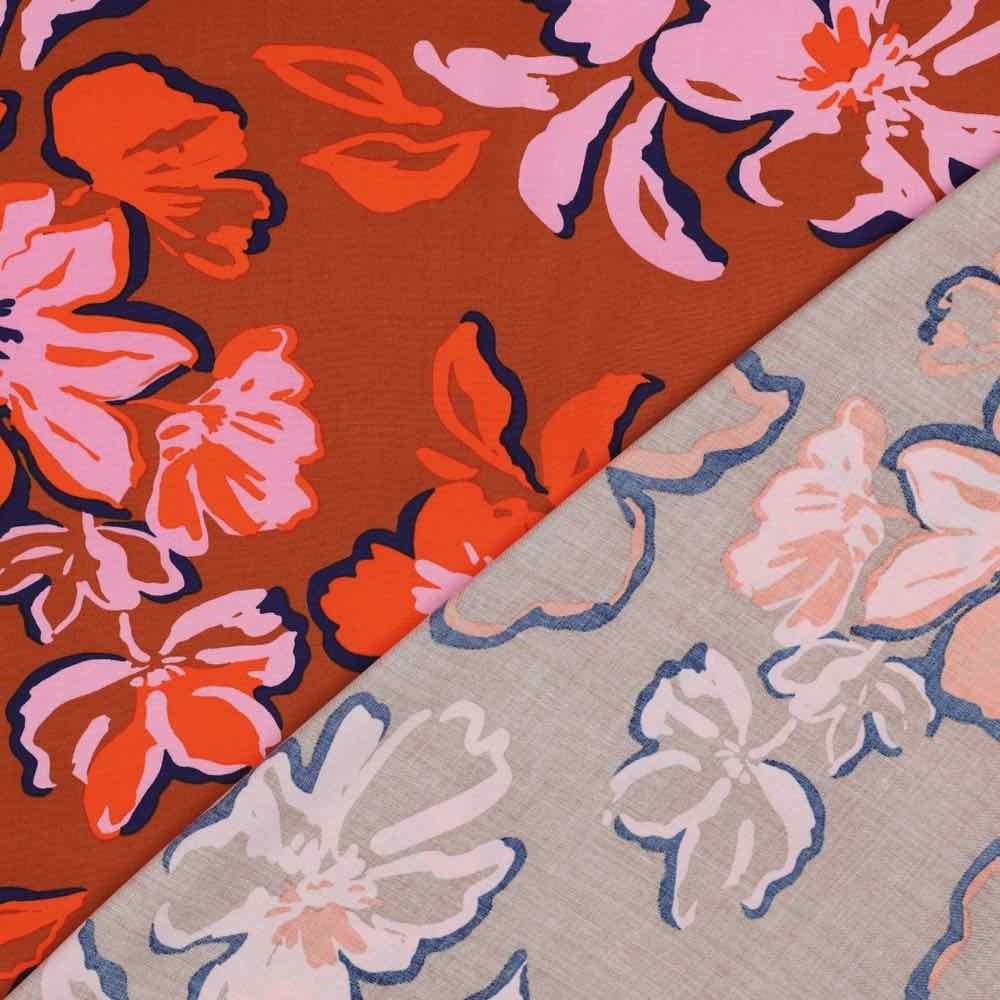 Viskose Stoff – Blumen Rosa / Orange / Zimt – Bild 4