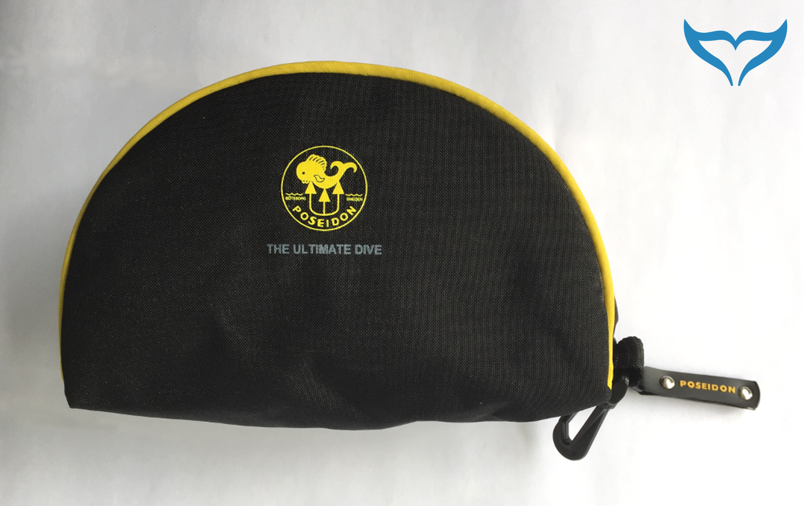 Maskentasche schwarz Poseidon Logo gelb TauchMaske Karabiner Tasche Etui Box Neu