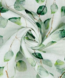 Gauze, Musselin Stoff – grüne Blätter auf Weiß / Eukalyptus