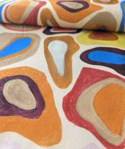 Viskosestoff – Abstrakter Druck in Royalblau und Orange aus Ecru