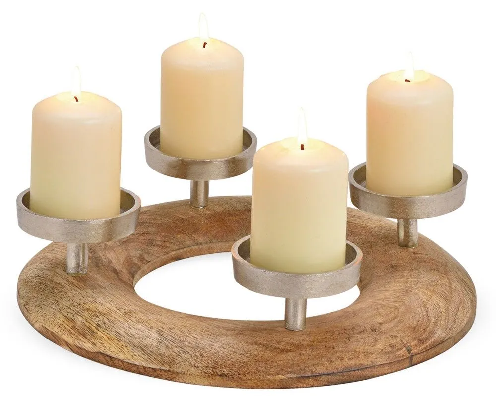 Adventskranz Gesteck Kerzenhalter Holz Metall silber Weihnachten Advent Ø 30 cm