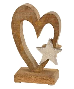 Aufsteller Herz Stern Dekofigur Mangoholz Figur Holz Metall natur silber 15×6 cm