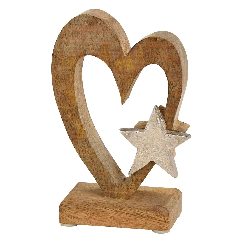 Aufsteller Herz Stern Dekofigur Mangoholz Figur Holz Metall natur silber 15×6 cm