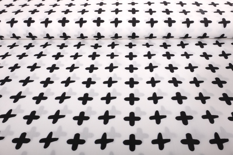 Baumwollstoff, Weiß mit schwarzem + Zeichen