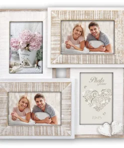 Bilderrahmen Collage Fotorahmen Holz weiß 4 Fotos Vintage & Herz Hochzeit Taufe