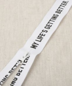 Reißverschluss, teilbarer Reißverschluss, Weiß mit Schrift