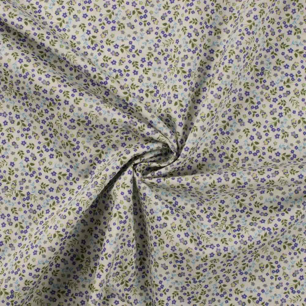 Baumwollstoff, Minimal Print, kleine Blumen Lila auf Ecru – Organic Cotton – Bild 3