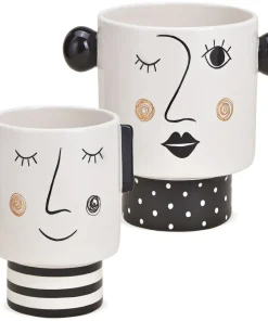 Blumentöpfe Dekoschalen Gesicht & Ohren Keramik modern schwarz weiß 1 Stk 2 Größen