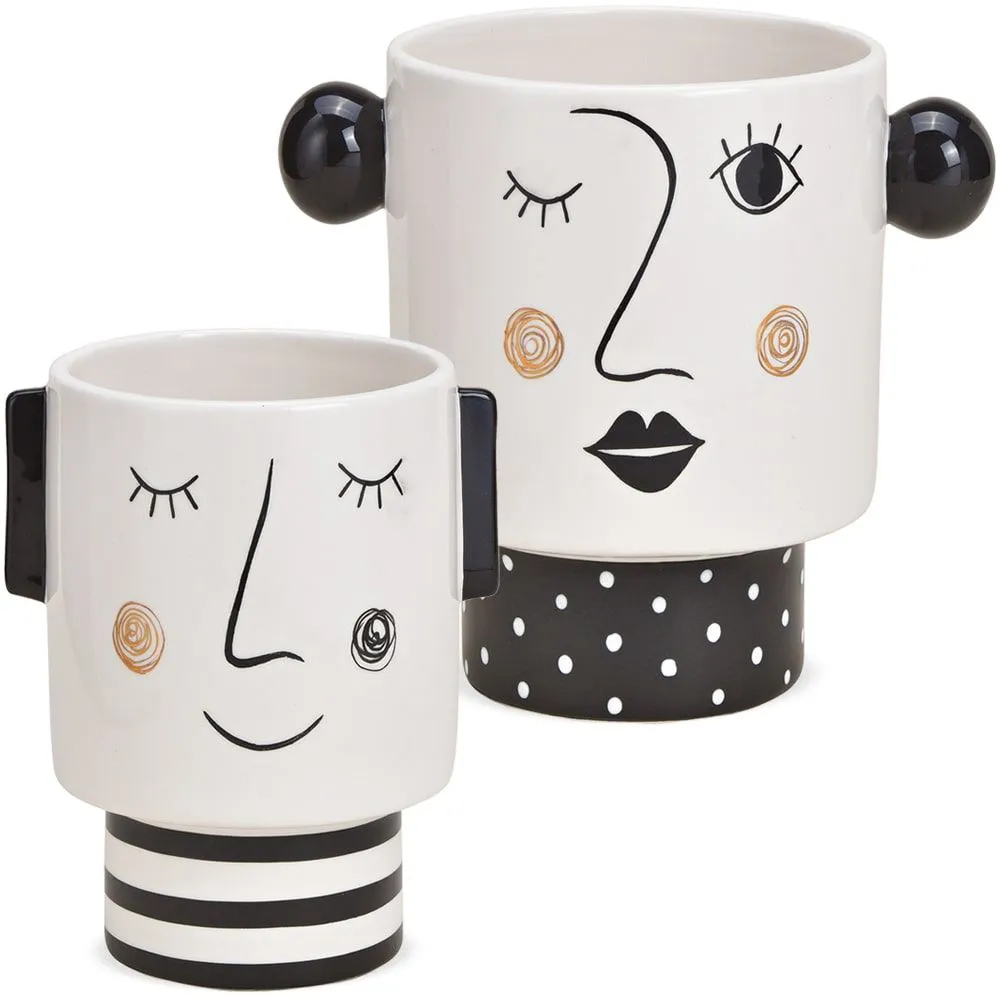 Blumentöpfe Dekoschalen Gesicht & Ohren Keramik modern schwarz weiß 1 Stk 2 Größen