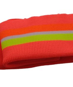 Strickbündchen, gefaltete Collegebündchen in Neon Koralle mit Neon Streifen Gelb / Orange / Weiß 135 cm