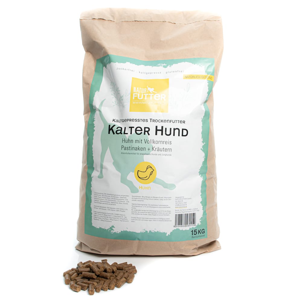Naturfutter Kalter Hund, Huhn & Reis, kaltgepresstes Trockenfutter hoher Fleischanteil, monoprotein, ohne Getreide & ohne Zucker, produziert mit Strom aus eigener Wasserkraft (100g, 1kg, 15kg) – Bild 5