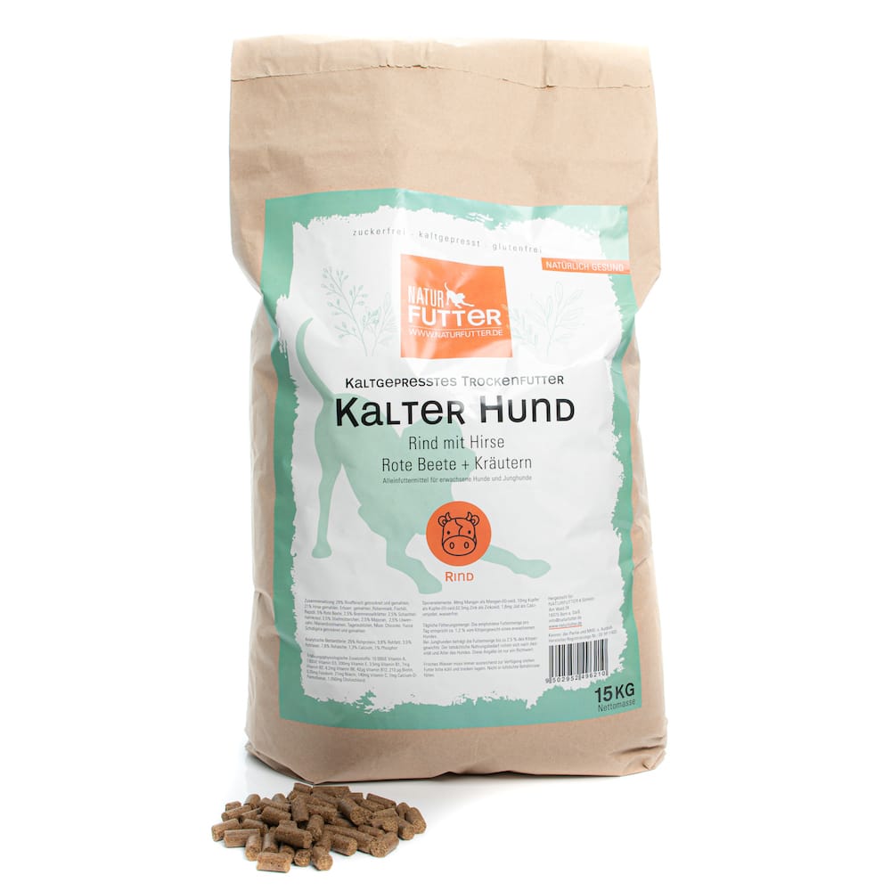 Naturfutter Kalter Hund, Rind & Hirse, kaltgepresstes Trockenfutter hoher Fleischanteil, monoprotein, ohne Getreide & ohne Zucker, produziert mit Strom aus eigener Wasserkraft (100g, 1kg, 5kg, 15kg) – Bild 3