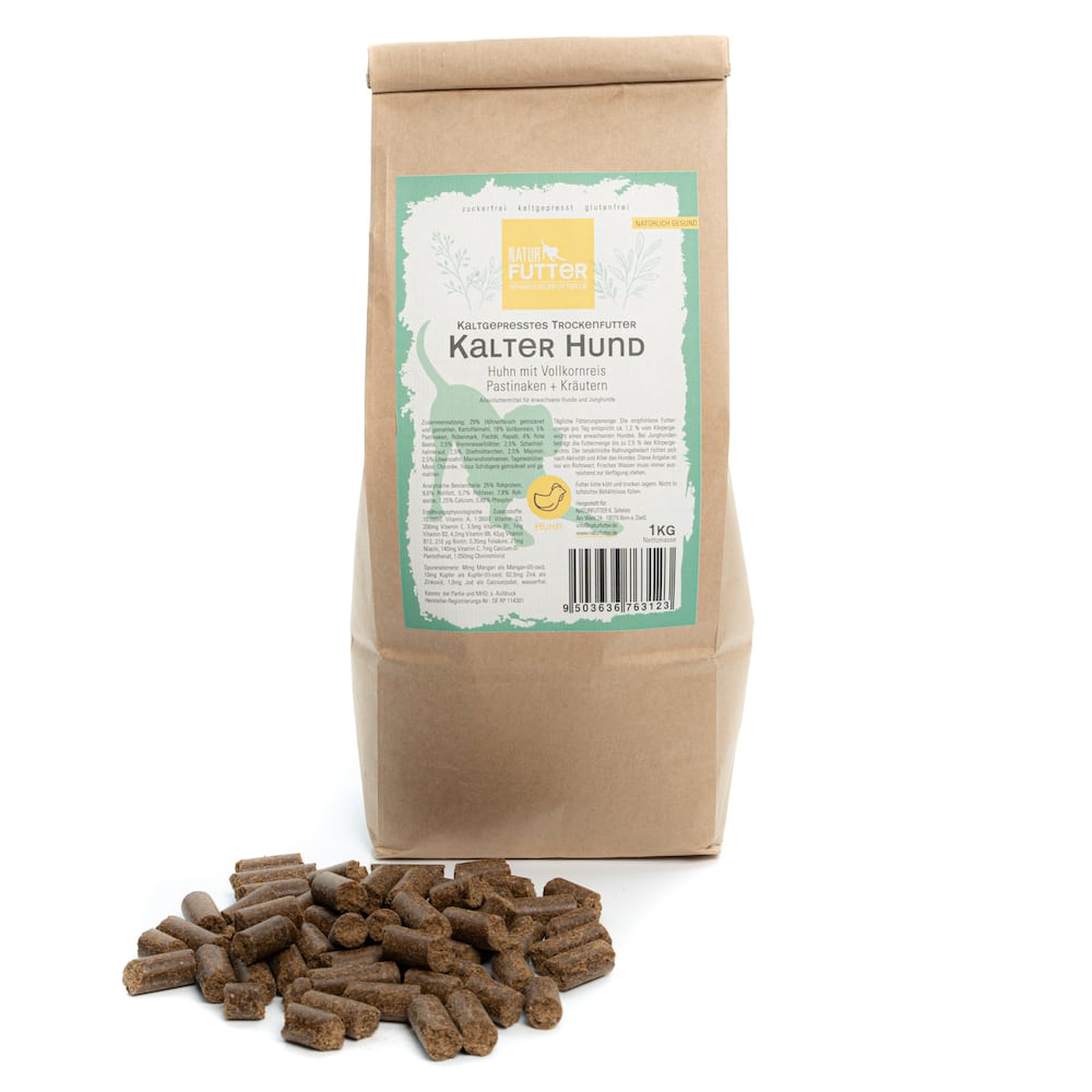 Naturfutter Kalter Hund, Huhn & Reis, kaltgepresstes Trockenfutter hoher Fleischanteil, monoprotein, ohne Getreide & ohne Zucker, produziert mit Strom aus eigener Wasserkraft (100g, 1kg, 15kg) – Bild 6