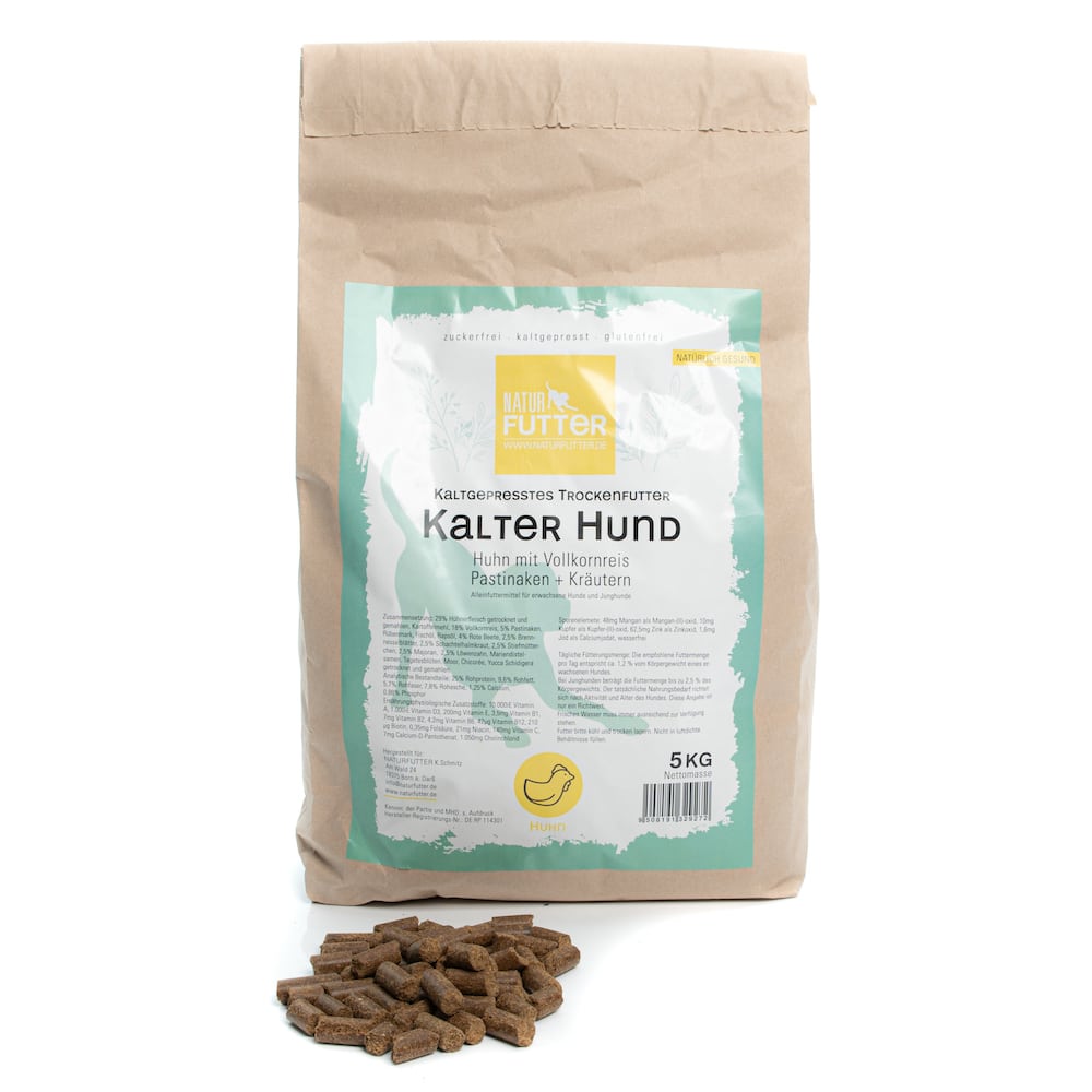 Naturfutter Kalter Hund, Huhn & Reis, kaltgepresstes Trockenfutter hoher Fleischanteil, monoprotein, ohne Getreide & ohne Zucker, produziert mit Strom aus eigener Wasserkraft (100g, 1kg, 15kg) – Bild 4
