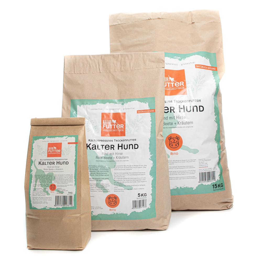 Naturfutter Kalter Hund, Rind & Hirse, kaltgepresstes Trockenfutter hoher Fleischanteil, monoprotein, ohne Getreide & ohne Zucker, produziert mit Strom aus eigener Wasserkraft (100g, 1kg, 5kg, 15kg)