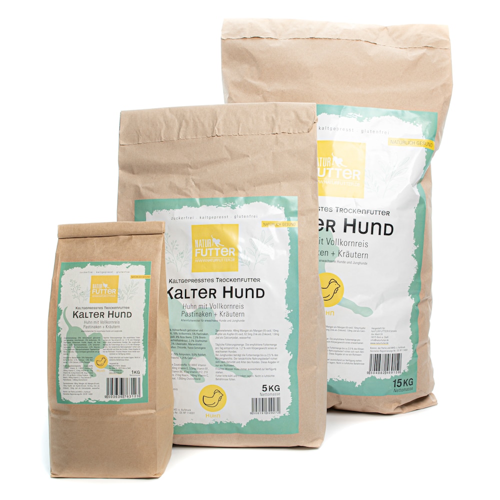 Naturfutter Kalter Hund, Huhn & Reis, kaltgepresstes Trockenfutter hoher Fleischanteil, monoprotein, ohne Getreide & ohne Zucker, produziert mit Strom aus eigener Wasserkraft (100g, 1kg, 15kg) – Bild 2