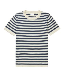 FUB – T-Shirt Women, classic, ecru/dark navy gestreift, Bio-Baumwolle