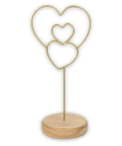 Fotoklemme Fotoclip Metall goldfarben Herzen herzförmig Holzsockel 16,5 cm