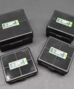 Frankford Arsenal Munitionsbox #1001 mit Scharnier, für 100 Patronen Set mit 4 Stück für 9mm Luger, .25 + 380 ACP und 9mm Makarov 7,65mm Browning