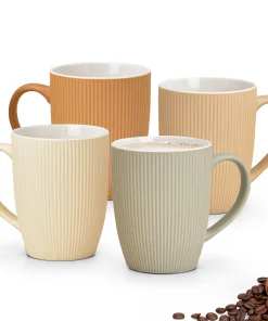Kaffeetassen Tassen Rillen orange beige creme grau Steingut 4er Set je 10 cm
