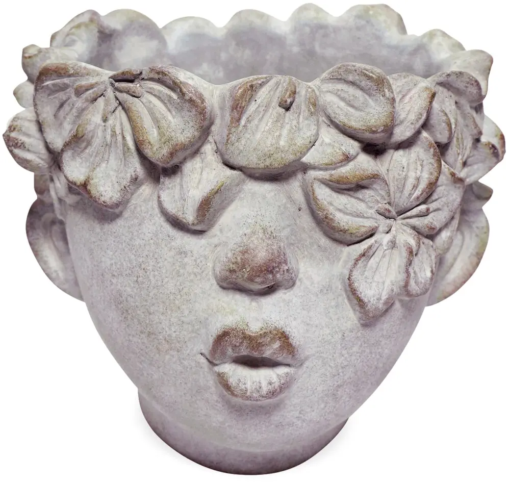 Kopf mit Blüten & Blättern Kussmund Pflanztopf Zement grau 1 Stk 12 cm