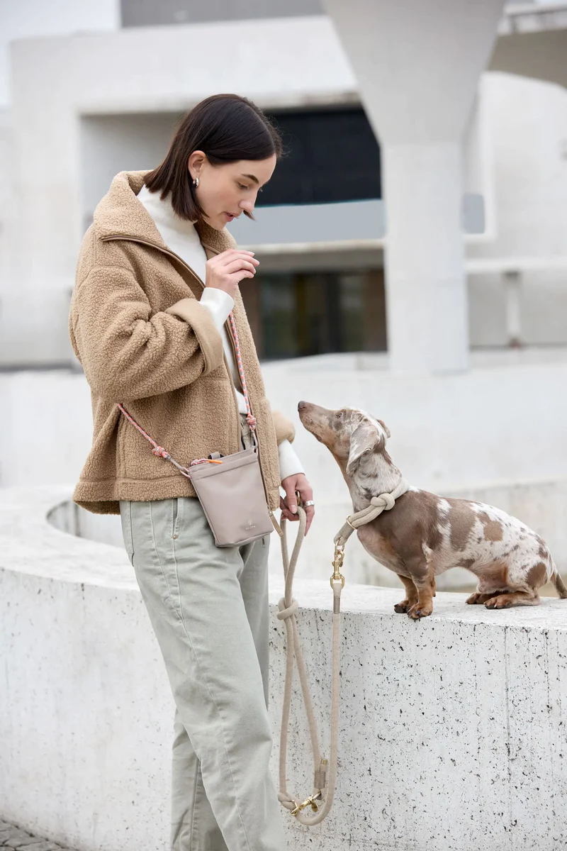 Palopa Leckerlibeutel – Karl, taupe (längenverstellbare Kordel grau/orange/pastell lila)