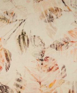 Leinen, leicht fallend, Blättermuster in Orange / Braun auf Ecru