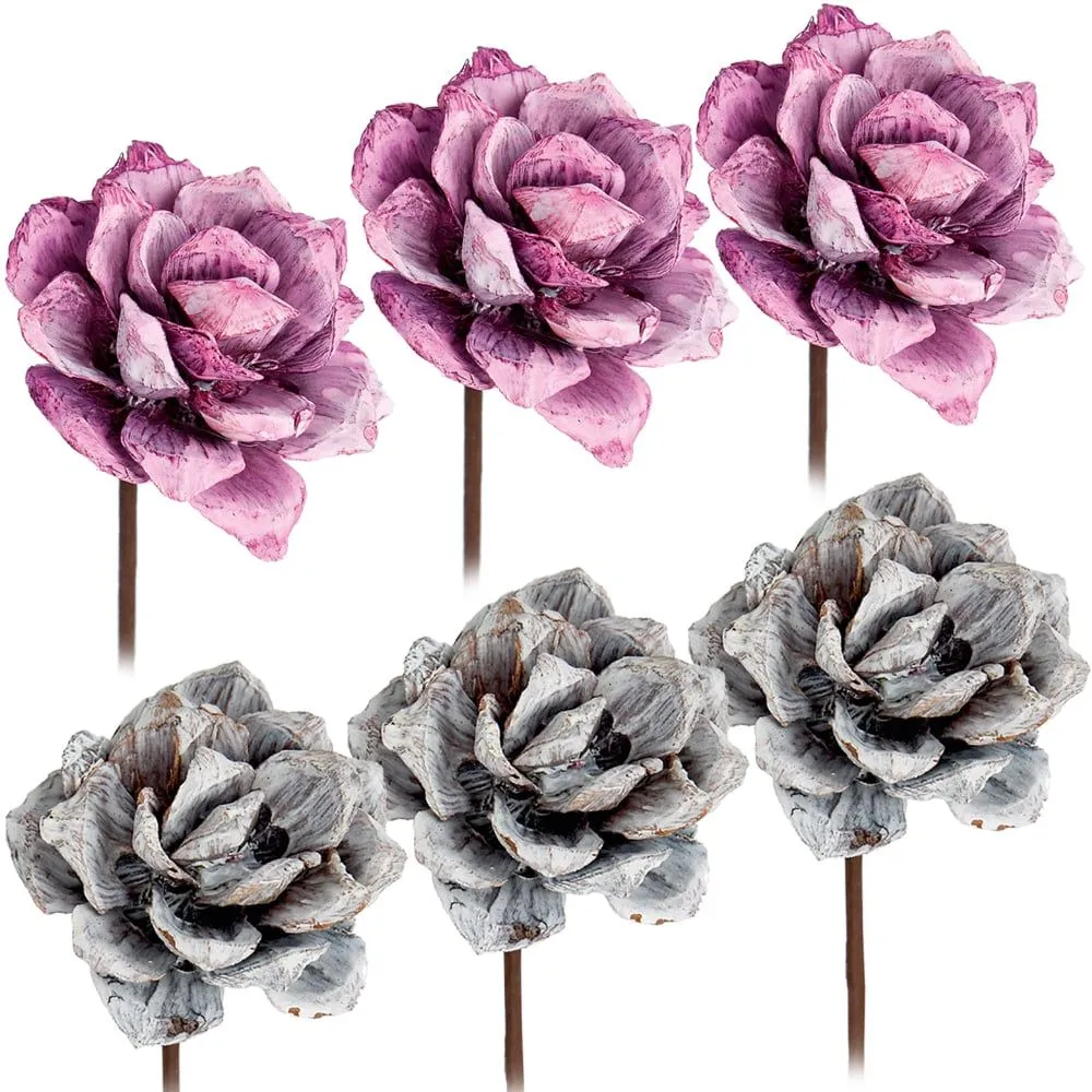 Pinienrosen am Stiel Kunstblumen frosted Gestecke 3er Set Ø 8 cm in 2 Farben