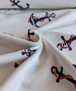 French Terry, Sweatshirtstoff, große blaue Anker auf Weiß