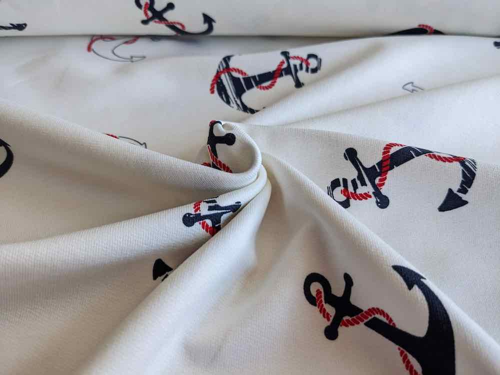 French Terry, Sweatshirtstoff, große blaue Anker auf Weiß