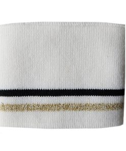 1 Strickbündchen, Collegebündchen in Weiß mit Streifen in Schwarz/Gold, 125 x 6 cm