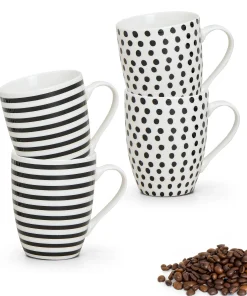 Tassen Becher Streifen & Punkte schwarz / weiß Porzellan 4er Set 10 cm / 300 ml