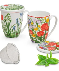Teetassen Teebecher mit Deckel & Sieb bunte Blumen 2er Set sort – 11 cm / 300 ml