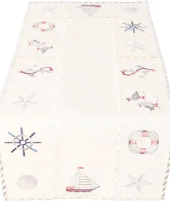 Tischläufer Mitteldecke maritime Motive wollweiß Stick bunt Tischwäsche 40x90cm