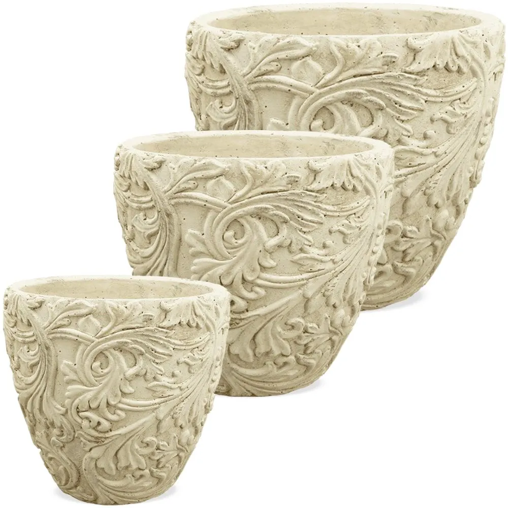 Töpfe Pflanztöpfe aus Zement Ornamente Deko antik Garten creme 1 Stk 3 Größen