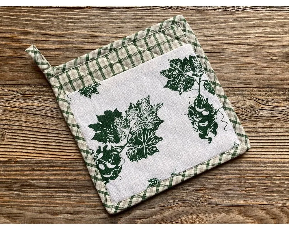 Topflappen Untersetzer ELENI Wein Trauben Karo beige grün 20×20 cm Landhaus 1 Stk