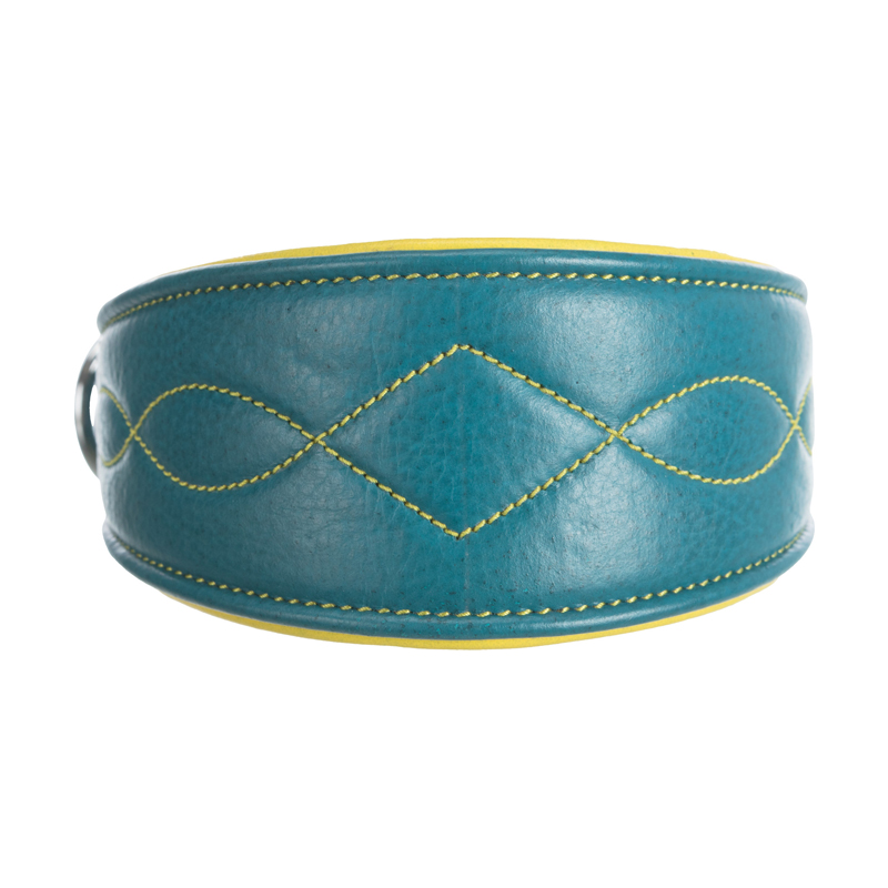 Echtleder Windhundhalsband mit Zug-Stopp (S-M), petrol/gelb – Bild 3