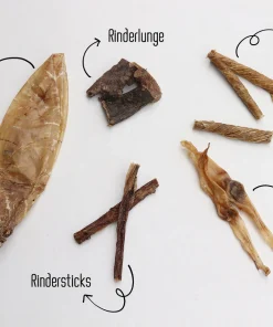 Welpen-Starterpaket: Kälberblasen, Rindersticks, Rinderlungen, Kaninchenohren (verschiedene weichere Snacks)