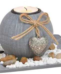 Windlichter auf Tablett mit Herzanhänger Geschenkset mit Dekosteinen grau 2-tlg