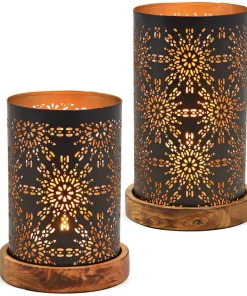 Windlichter Blumen-Dekor Metall & Holzsockel schwarz 1 Stk 2 Größen