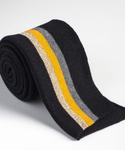 Strickbündchen, gefaltete Collegebündchen in Schwarz mit Streifen Gold/Curry/Grau, 130 cm