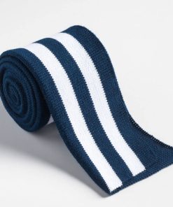 Strickbündchen, gefaltete Collegebündchen in Blau/ Marine mit weißen Streifen, 135 cm