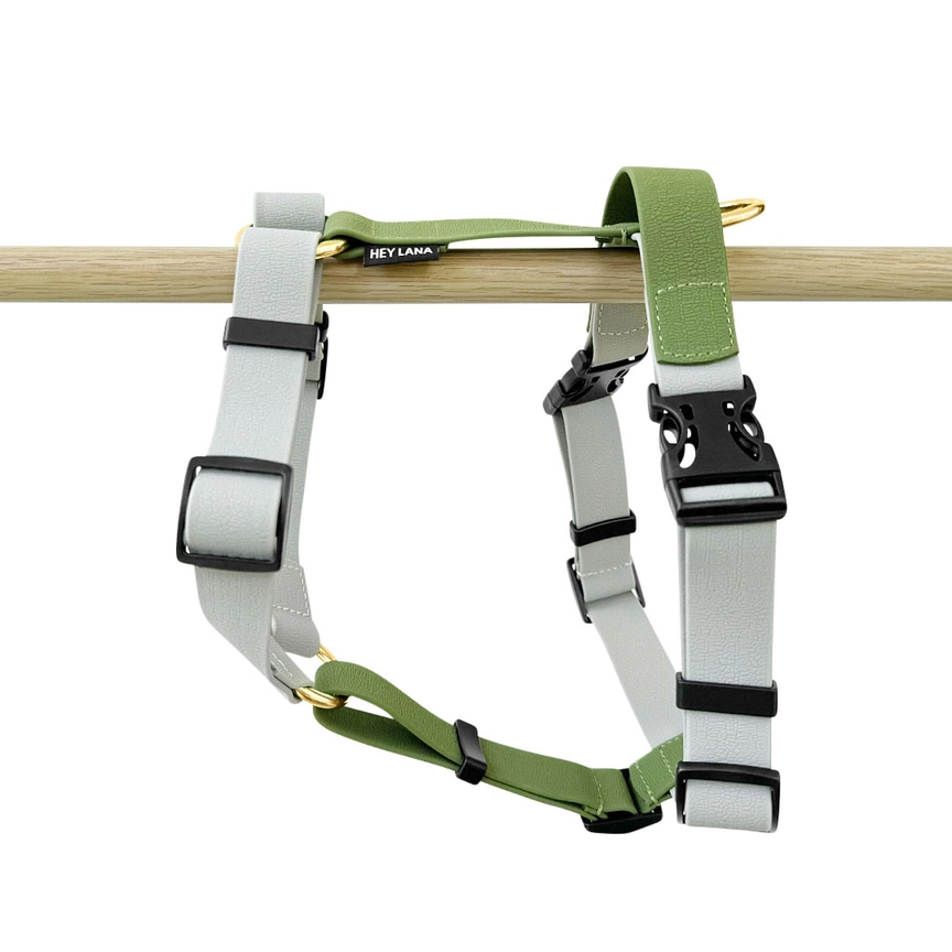 Hey Lana Outdoor Flex-Biothane, 5-fach-verstellbar, mit Haltegriff „grau/grün“ (super pflegeleicht), S, M, L