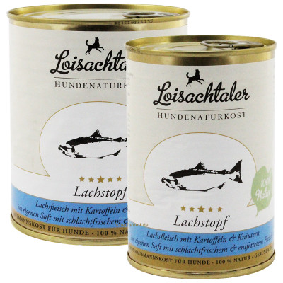 Loisachtaler Lachstopf, Lachsfleisch, Rindfleisch, Kartoffeln und Kräuter, getreidefrei, ohne synthetische Zusätze (400g, 800g)
