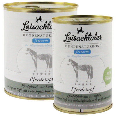 Loisachtaler Pferdetopf, deftiges Pferdefleisch, Innereien vom Pferd und Kartoffeln (fettarm, purinarm), getreidefrei, ohne synthetische Zusätze (400g, 800g)